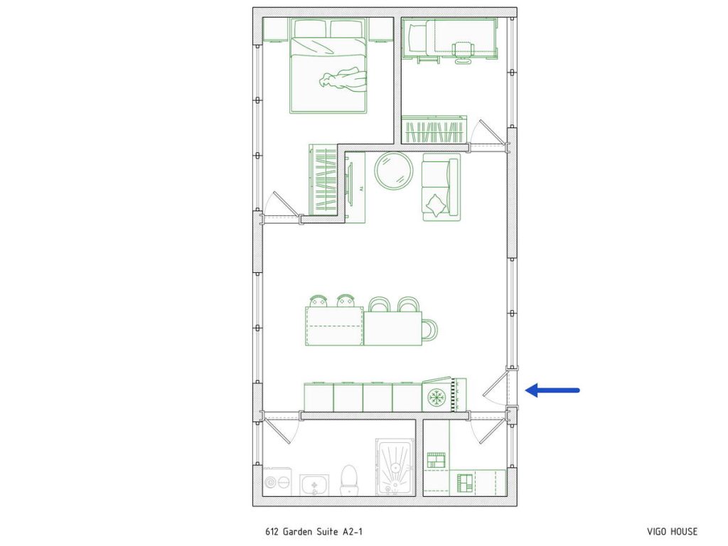 612 Garden Suite A2-1-1_cr_zip - VIGO HOUSE CANADA 612 sq. ft. garden suite floor plan featuring two bedrooms, one bathroom, an open living area, a kitchen, and a well-organized layout for comfortable and efficient living.