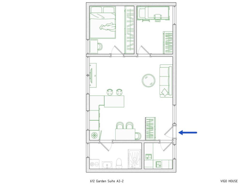 612 Garden Suite A2-2-1_cr_zip - VIGO HOUSE CANADA 612 sq. ft. garden suite floor plan featuring two bedrooms, one bathroom, an open living area, a kitchen, and a well-organized layout for comfortable and efficient living.