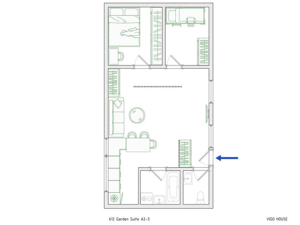 612 Garden Suite A2-3-1_cr_zip - VIGO HOUSE CANADA 612 sq. ft. garden suite floor plan featuring two bedrooms, one bathroom, an open living area, a kitchen, and a well-organized layout for comfortable and efficient living.