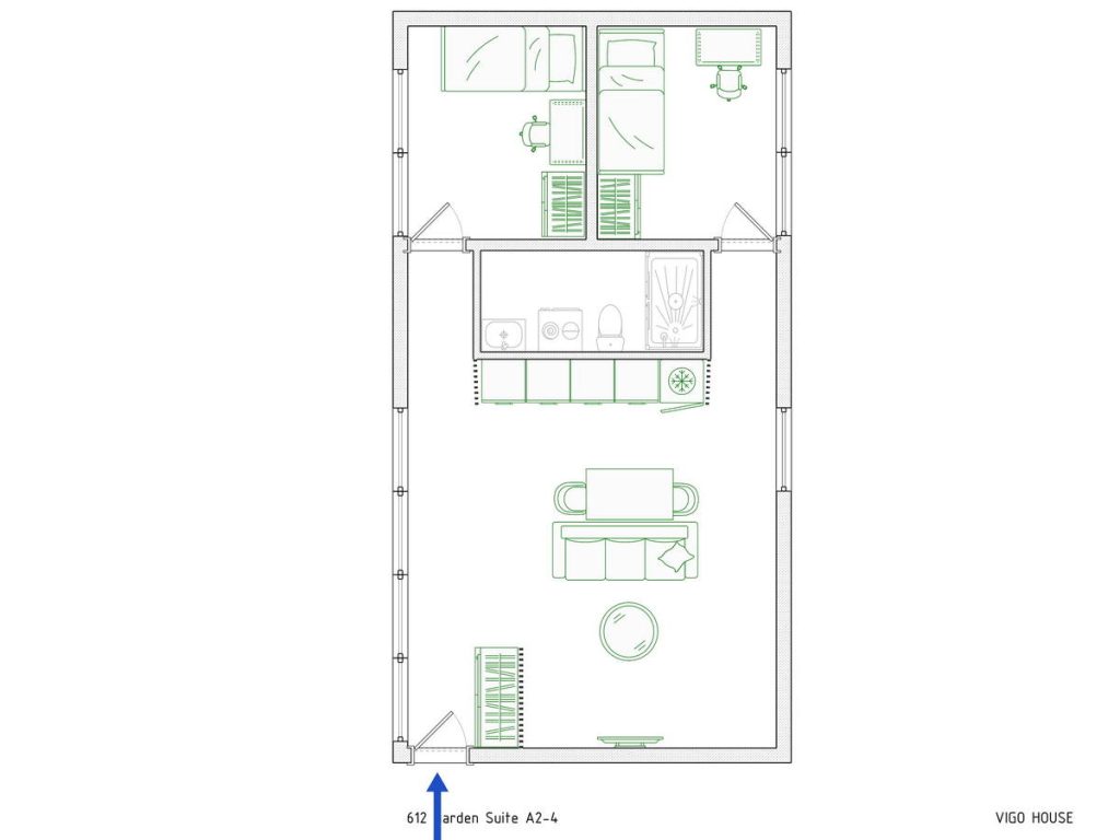 612 Garden Suite A2-4-1_cr_zip - VIGO HOUSE CANADA 612 sq. ft. garden suite floor plan featuring two bedrooms, one bathroom, an open living area, a kitchen, and a well-organized layout for comfortable and efficient living.