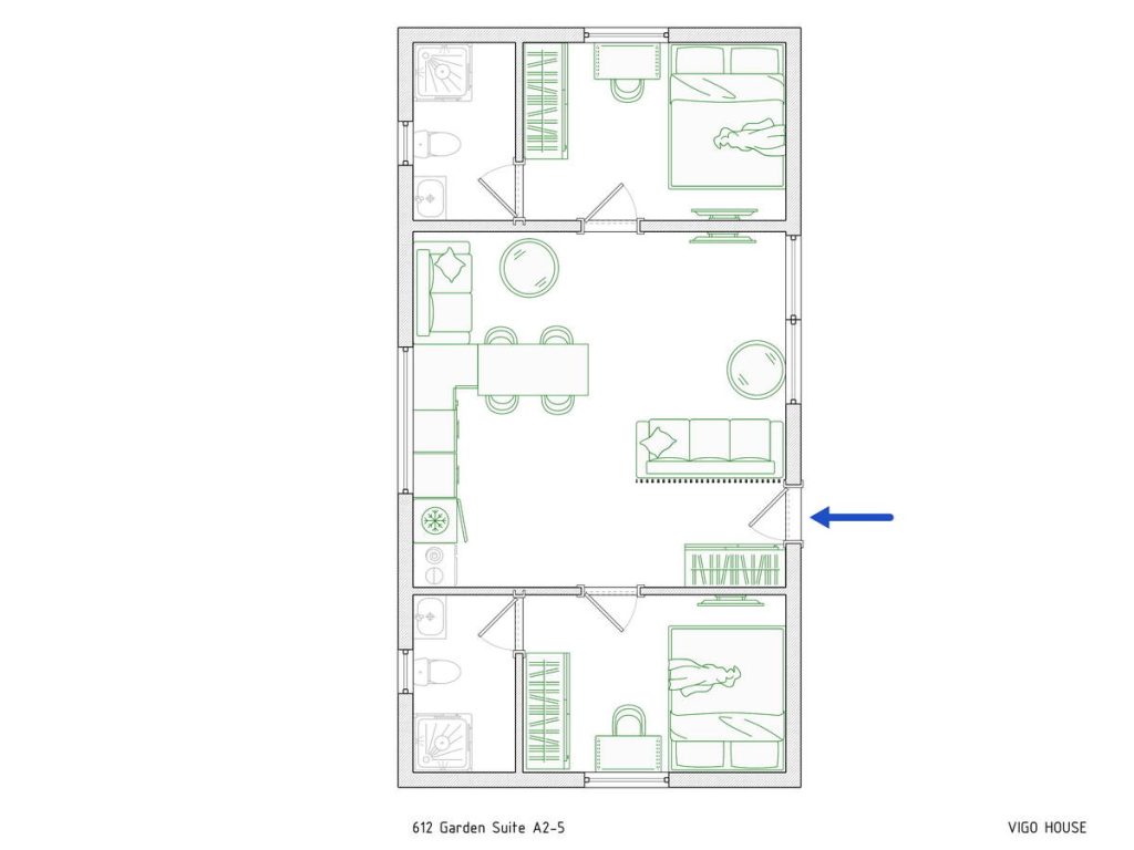 612 Garden Suite A2-5-1_cr_zip - VIGO HOUSE CANADA 612 sq. ft. garden suite floor plan featuring two bedrooms, two bathrooms, an open living area, a kitchen, and a functional layout for comfortable living.