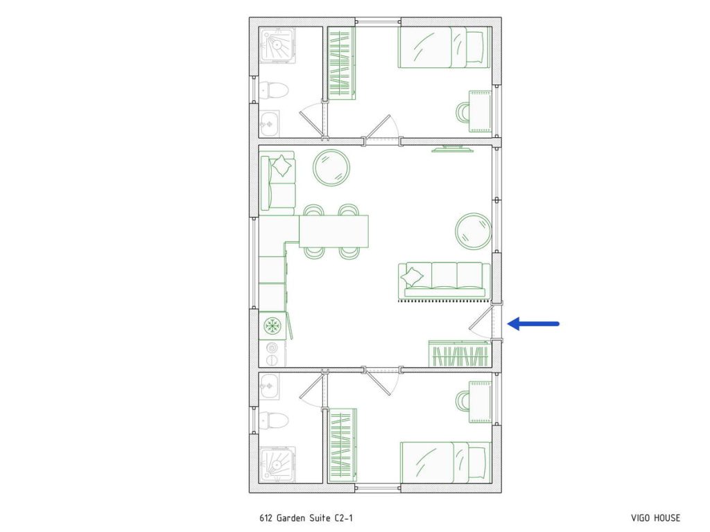 612 Garden Suite C2-1-1_cr_zip - VIGO HOUSE CANADA 612 sq. ft. garden suite floor plan featuring two bedrooms, two bathrooms, an open living area, a kitchen, and a functional layout for comfortable living.